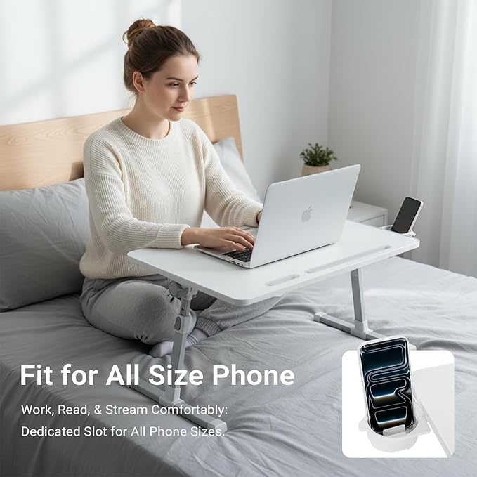 iXTRA Laptop Lap Desk with Cooling Fan - Adjustable Bed Desk with Light, Bed Table with Cup Holder&Phone Holder - Storage Drawer Desk - Folding Bed Desk,White,70x45cm