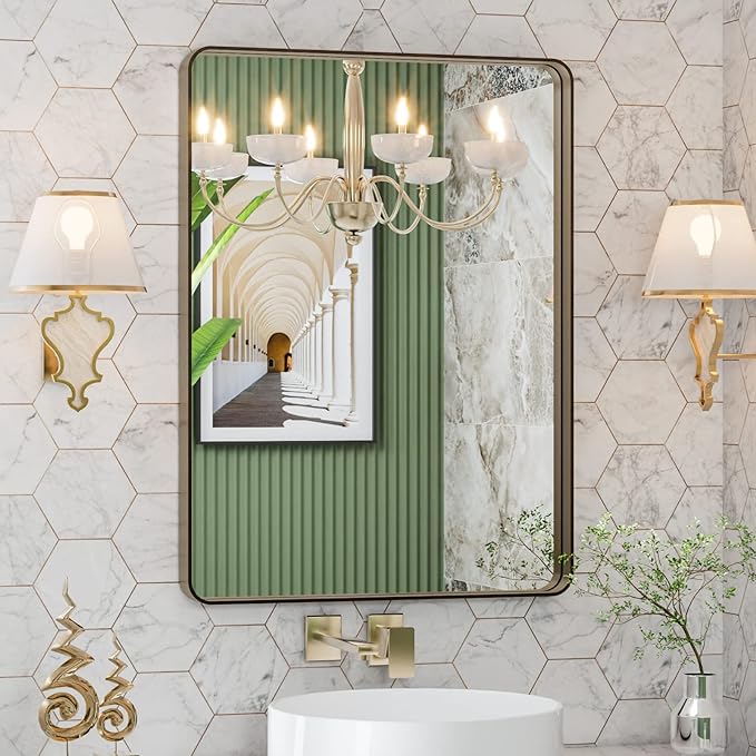 LOAAO 22”X30” Bronze Bathroom Mirrors for Vanity, Rounded Rectangle Brushed Bronze Metal Frame Mirror, Anti-Rust, Hangs Horizontally or Vertically
