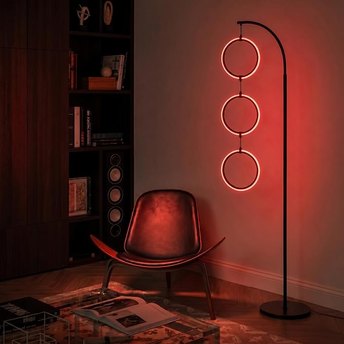 Brightech Nova Modern Color Changing Floor Lamp - LED Lamp with Stunning RGB Color Gradient and Contemporary 3-Circle Ring-Style Pendant - Corner or Over-The-Couch Arching Pole Standing Lamp - Black