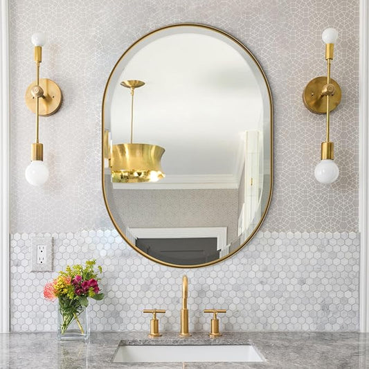 POZINO Oval Beveled Mirror, 22"x30" Brushed Gold Bathroom Vanity Mirror Over Sink, Pill Shaped Capsule Wall Mounted Mirrors for Living Room Bedroom Entryway, Hangs Vertically or Horizontally