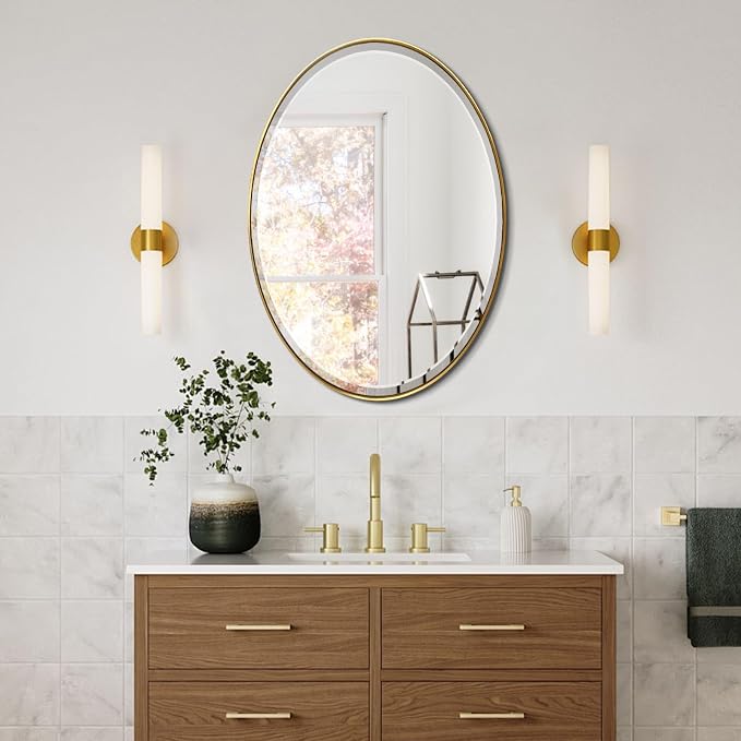 POZINO Oval Beveled Mirror, 20"x28" Brush Gold Vanity Mirror for Over Sink, Modern Brass Wall Mirrors for Bathroom Bedroom Living Room Hallway Entryway, Hangs Vertically or Horizontally