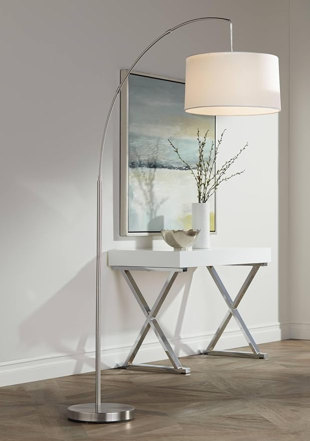 360 Lighting Cora Modern Arched Task Floor Lamp Standing 72" Tall Brushed Nickel Silver Off White Linen Fabric Drum Shade for Living Room Reading House Bedroom Home Decor