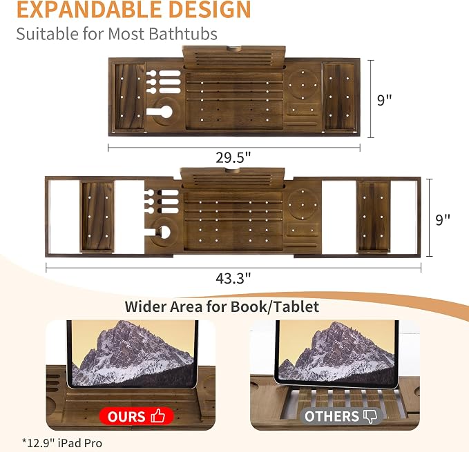 Luxury Teak Bathtub Tray - Foldable Bath Caddy with Expandable Handles, Wine Glass & Phone Holder, Book Stand - Enhance Home Spa Experience with Natural Material - Relaxing & Reading, Light Walnut