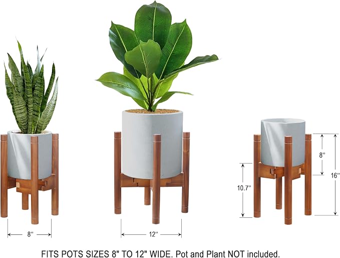 Adjustable Plant Stand for 8–12 Inch Pots, Solid Acacia Wood, Mid-Century Modern Indoor Outdoor Planter Holder with Stainless Steel Screws, Natural Brown (Pot & Plant Not Included)