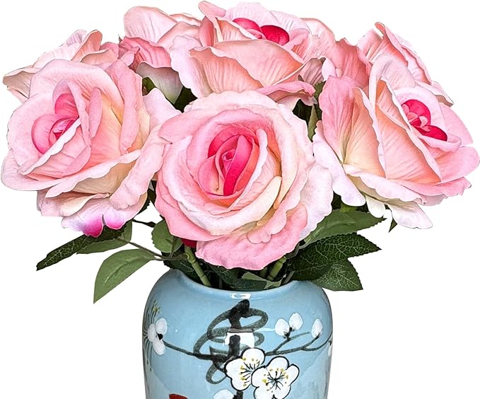 10 Pcs Artificial Rose Bouquets in a Set Faux Flowers with Flannel and Silk-Like Touch Highly Realistic Handmade Ideal for Home Office Wedding Hotel Decorations as Well as Festival Party (Pink)