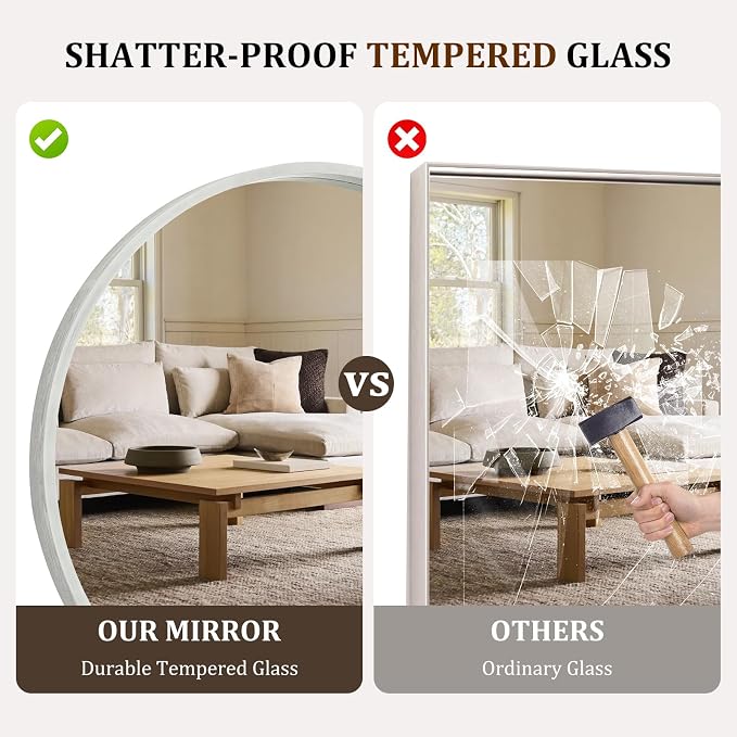 WallBeyond 36 Inch Round Wood Mirror, Large Circle Wooden Frame Wall Mirror for Bathroom, Living Room, Bedroom, Entryway (White)
