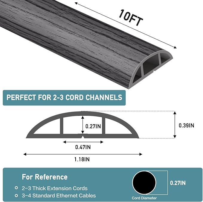 Floor Cord Cover Self Adhesive Cord Hider Floor Extension Cord Covers for Floor Power Cord Protector Cable Management Prevent Cable Trips Cable Cavity 0.47" W x 0.27" H (Deep Grey Wood, 10Ft)