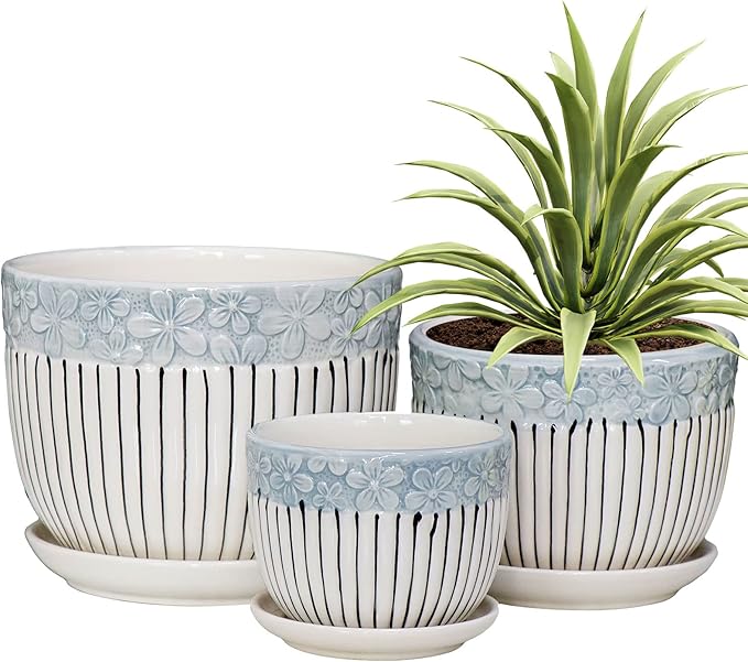 Ton Sin Grey Flower Pots, Texture Planter for Indoor Plants Set of 3 Ceramic Flower Pots with Saucer, Cute Garden Pots Succulent Pots, 6.75/5.6/4.2 Inch, Indoor Outdoor Home Garden Decor