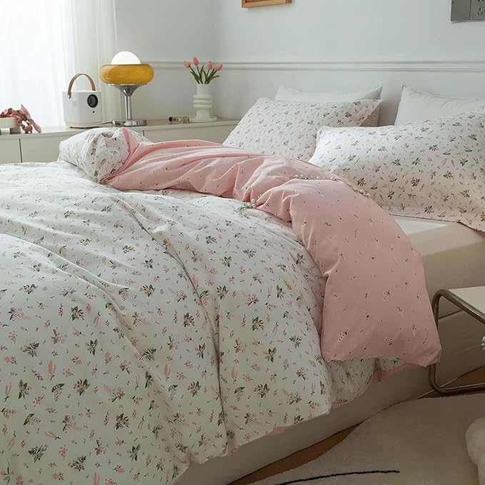 LifeTB Pink Flower Duvet Cover Twin XL Girls Aesthetic Floral Duvet Cover White Soft 100% Cotton Flower Bedding Set Cottage Floral Comforter Cover with Zipper Closure, Breathable, Easy Care