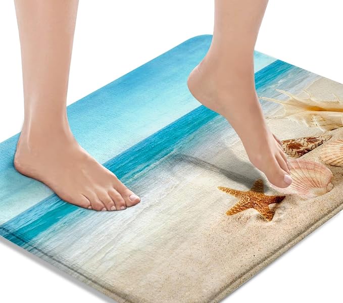 Britimes Bath Mat for Bathroom, Blue Beach Starfish Sea Washable Cover Floor Rug Carpets Floor Mat Bathroom Decorations 18x30 Inches for Kitchen Bedroom Indoor