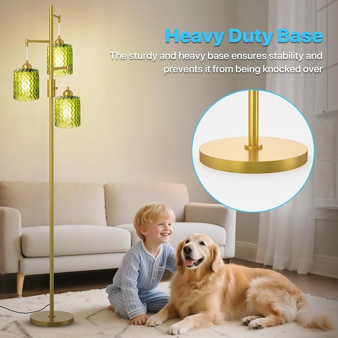 Brass Floor Lamp for Living Room, Vintage 3-Light Green Glass Standing Lamp, Brass Base Mid Century Modern, Retro Tree Design Tall Floor Lamp