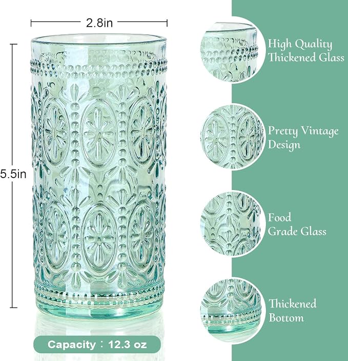 abrwyy Green Drinking Glasses Set of 4, Vintage Drinking Glasses, Colored Glassware Drinking, Highball Beverage Glasses Cup, Vintage Glassware Set for Water, Juice, Cocktail, Coffee