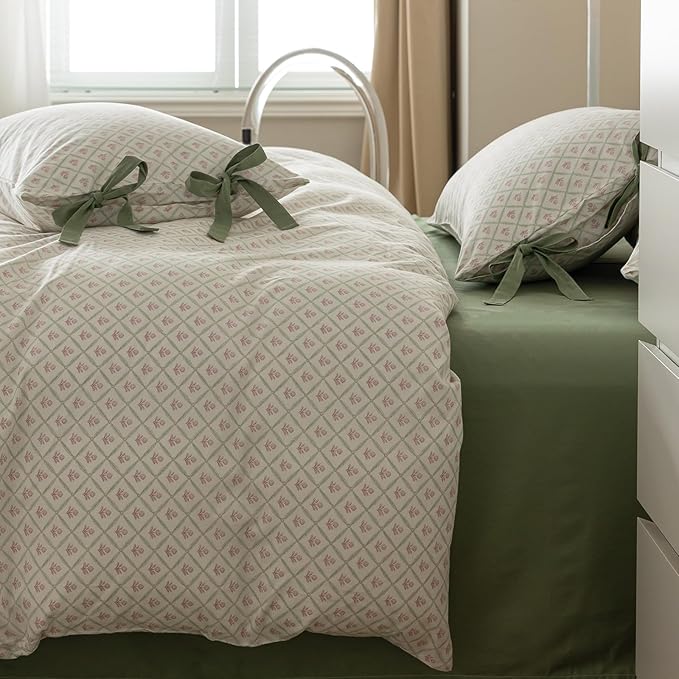 VM VOUGEMARKET Red Blooming Duvet Cover Set Twin,Green Plaid Grid Duvet Cover with 2 Bowknot Pillowcases 100% Cotton Chic Garden Style Bedding Set for Girls Women Without Comforter
