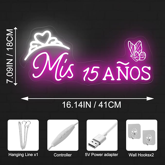 Mis 15 Anos Neon Sign, Sweet 15 Quince Party Sign with Dimmer Switch, Birthday Party Decor, Quinceanera Party Sign, Preppy Room Decor,Birthday Party Home Decorations, Mitzvah Gift-Pink-16"x7.09"