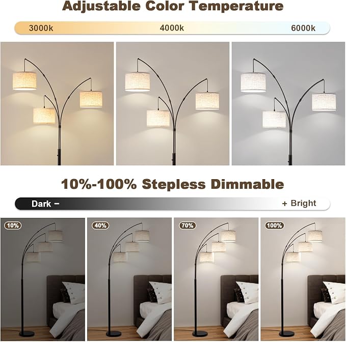 Netin Arc Floor Lamp with Remote, 3 Light Floor Lamp for Living Room Bright Lighting, 3 Color Temperature, Dimmable Tall Standing Lamp, Mid Century Tree Floor Lamp for Bedroom Office
