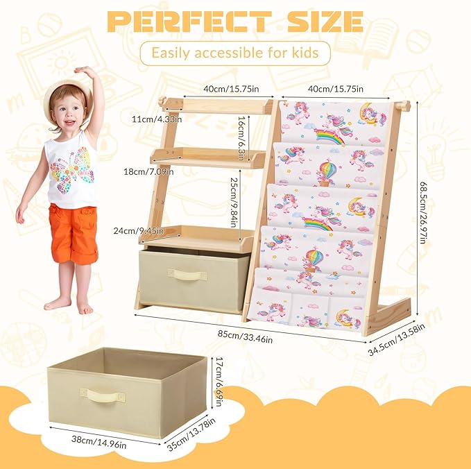 Kids Bookshelf and Toy Storage Organizer Wooden 2 in 1 Toddler Bookcase-4 Tier Book Shelf with Toy Box for Kids Room,Nursery,Playroom