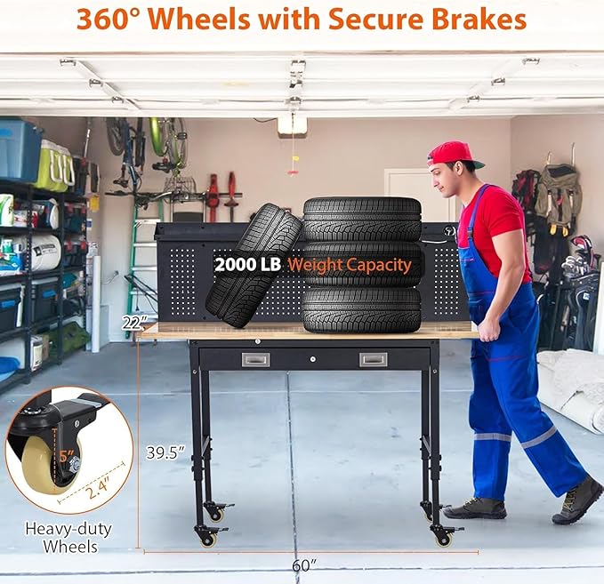 TrailBlaze 60"x 22" Workbench with Drawer Storage, Heavy Duty Workstation with Backplate & Light Strip, Multipurpose Rubber Wood Shop Table with Power Outlets, Hooks -2000LBS Load Capacity