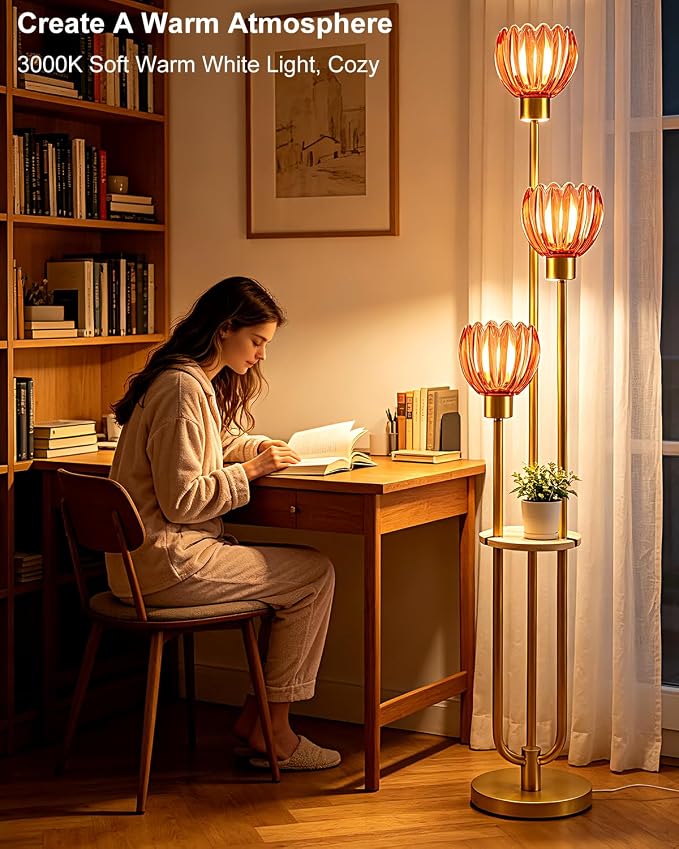 Lightdot 3-Lights Glass Floor Lamp for Living Room Modern Gold Floor Lamps with Lotus Deep Red Glass Shade& Bulbs Included for Wedding/Party Tall Standing Lamp for Bedroom/Sofa Beside/Corner Decor