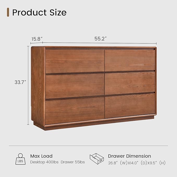 Solid Wood Dresser for Bedroom, Natural Solid Wood 6 Drawer Dresser,55.2" Wide Mid Century Modern Chest of Drawers, Closet Storage Organizer for Living Room, Bedroom