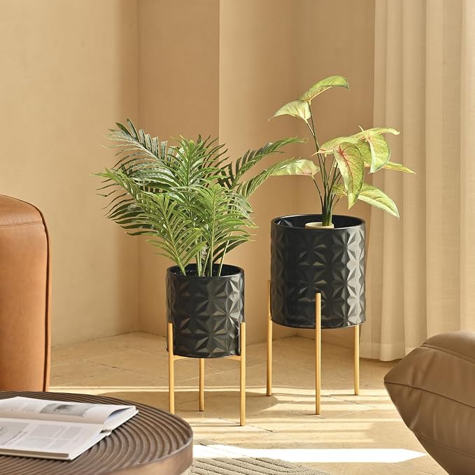 Modern Planter Pots, Set of 2 Black Planters with Stand, Decorative Planters, Metal Pots with Drainage Holes for Living Room, Office, Garden