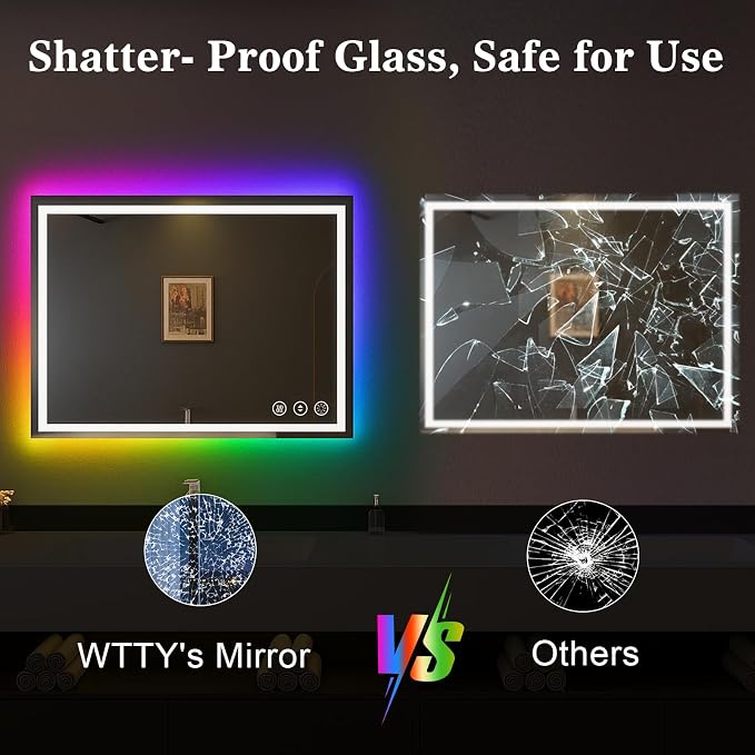 WTTY LED Bathroom Mirror 55"x36" with RGB Backlit and Front Light,Stepless Dimmable LED Mirror for Bathroom,Colored Lighted Bathroom Vanity Mirror,Anti-Fog,Memory Function,Shatter-Proof