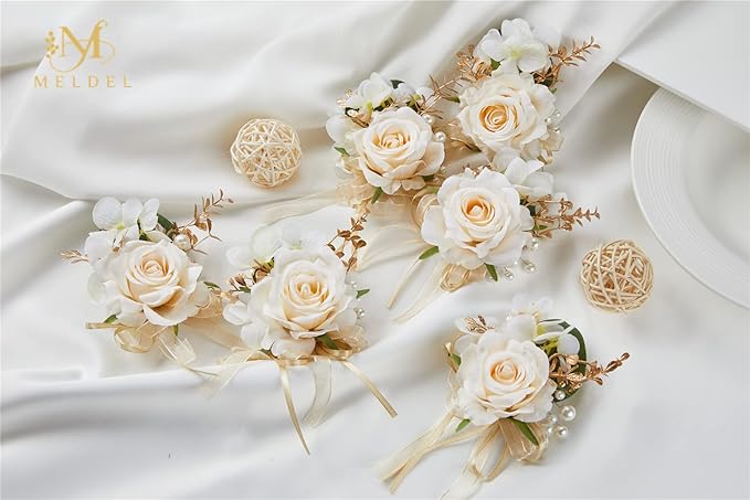 Meldel Champagne Boutonniere for Men Wedding, Set of 6, Groom and Groomsmen Boutonniere for Wedding Ceremony Anniversary Party, Rustic Fall Wedding, Artificial Rose Boutonnieres Prom Suit Decorations