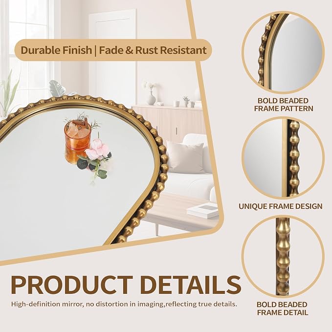20"x53" Long Oval Full Length Wall Mounted Mirror, Antique Gold Beaded Metal Frame Large Decorative Wall Mirror, Vertical or Horizontal Hanging Tall Entryway Bedroom Living Room