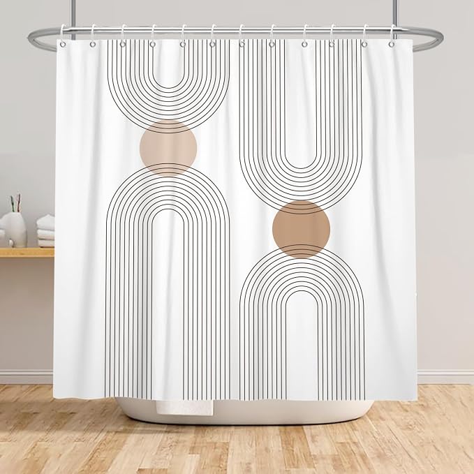 Mid Century Shower Curtain for Bathroom, Boho Sun Rainbow Modern Minimalist Geometric Shower Curtain, Abstract Arch Lines Modern Aesthetic Bathroom Decor Curtain Sets 72x78 inch