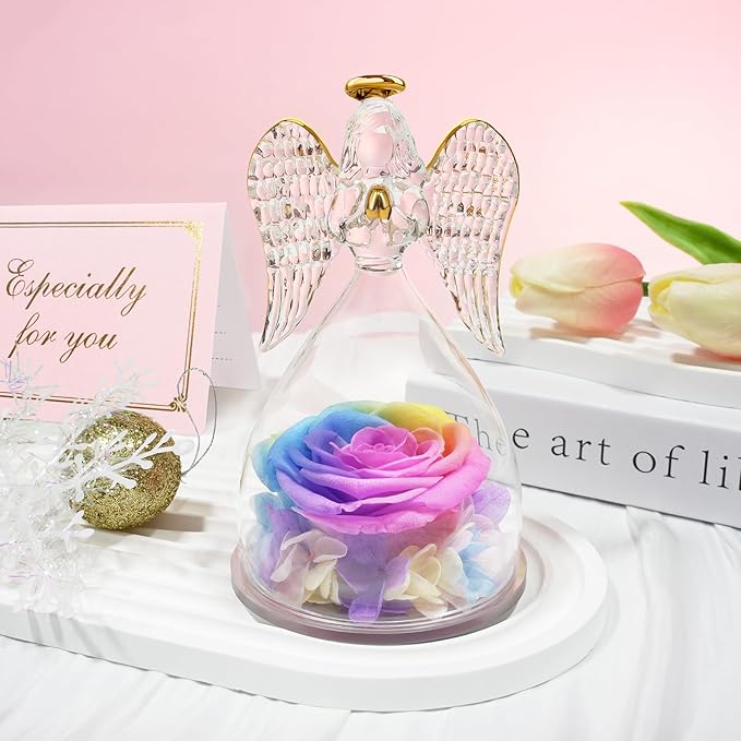 Sunia Preserved Flower Rose Gift for Women - Mother's Day Birthday Gifts for Mom Wife Grandma, Glass Angel Figurines Forever Real Roses Gifts for Her Valentine Day Thanksgiving﻿ (Rainbow)