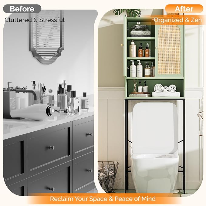 VINGLI Over The Toilet Storage Cabinet, Sage Green Bathroom Organizer Over Toilet with Arched Rattan Doors, Freestanding Space Saver Rack with Adjustable Shelf for Restroom Laundry, Modern Boho