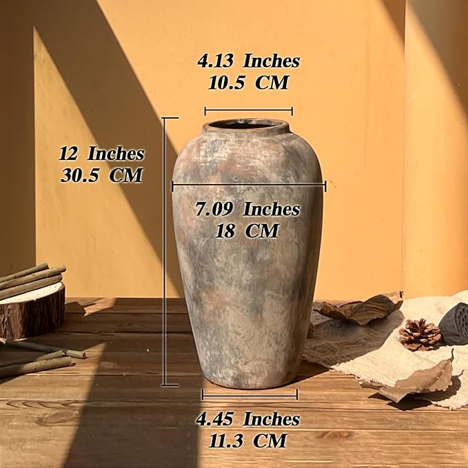 12 Inch Vintage Farmhouse Decor Ceramic Rustic Vase, Handmade Brown Flower Vases for Centerpieces, Living Room & Kitchen Shelf Decorative Pottery Vase for Home Decor