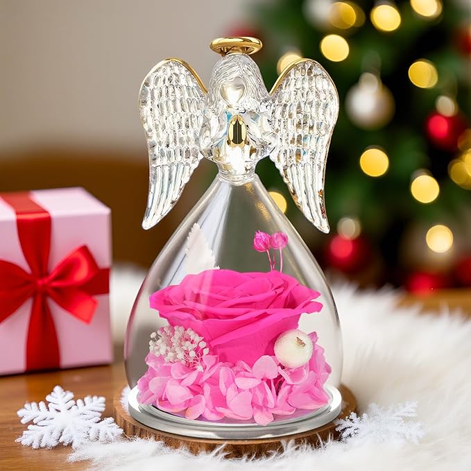 Yamonic Birthday Gifts for Mom,Christmas Angel Figurines with Real Rose Gifts for Her Mom Grandma,Preserved Flowers Rose Glass Angel Figurine for Mothers Day Christmas Birthday Gifts for Her(Hotpink)
