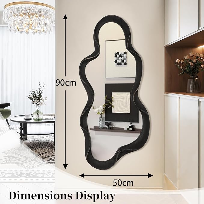 Irregular Wooden Framed Wall Mirror Modern Asymmetrical Hanging Mirror Artistic Cloud Shape Wall Decor Bathroom Vanity Bedroom Living Room Entryway Hallway Large