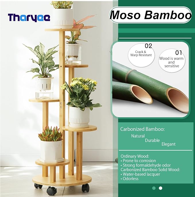 5 Tier Plant Stand Indoor, Wood Plant Shelf Corner Display Rack with Wheels, Multiple Plants Ladder Holder for Living Room Balcony Bedroom Garden Patio (Wood Color, 5 Tier)
