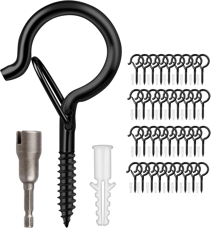 FSAH 36 PCS Q-Hanger Hooks with Safety Buckle, Windproof Screw Hooks for Outdoor String Lights Hanging Christmas Lights, Plants, with 1 Wing Nut Driver