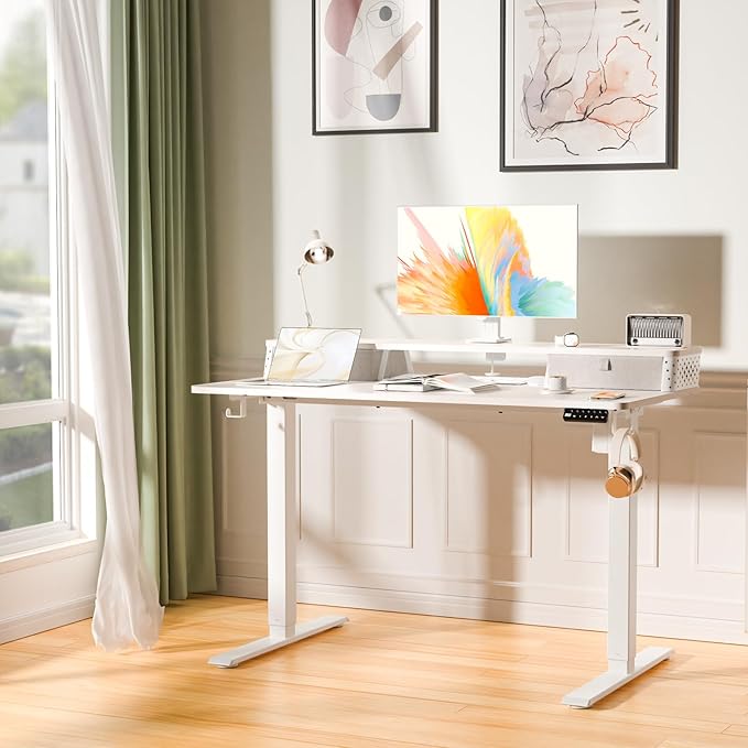 Electric Standing Desk with 2 Drawers 48''x 24'' Adjustable Height Sit to Stand Up Desk with Storage Shelf, C-Clamp Mount Compatible White Home Office Desks Computer Gaming Table Ergonomic Workstation