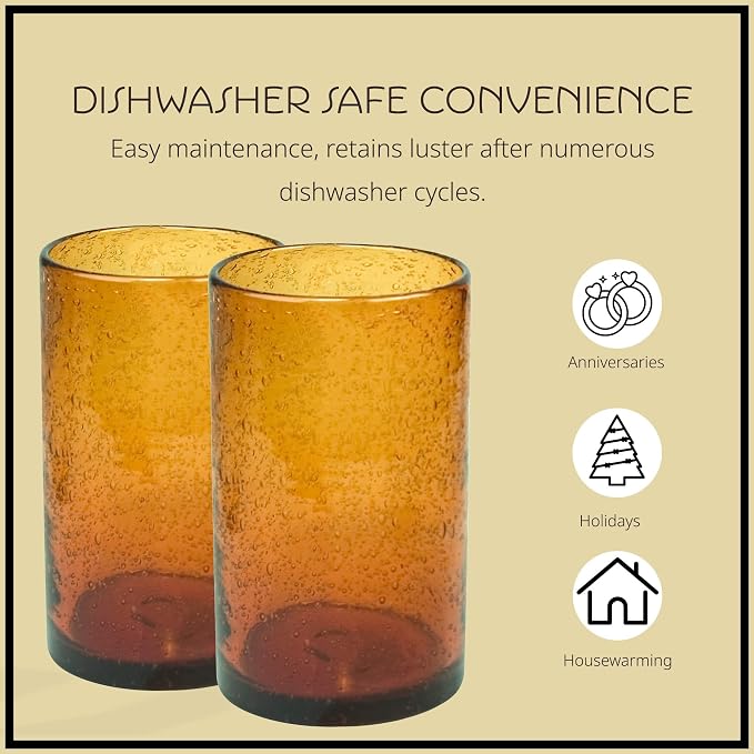 Artland 17oz Highball Tumbler, Set of 4 | Iris Seeded Design, Amber | Drinking Glass for Parties and Everyday Use - Mojito, Whiskey, Cocktail | Glassware & Kitchenware Essentials