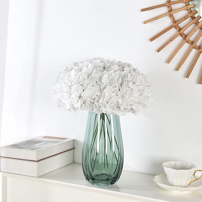 Silk Hydrangea Heads with Stems Artificial Flowers Heads for Home Wedding Decor,Pack of 10 (White)