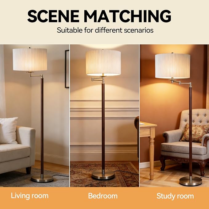 Traditional 350° Adjustable Swing Arm Farmhouse Floor Lamp for Bedroom, Modern Floor Lamps with Pleated Shade for Living Room, Rustic Standing Lamp Pole Lamps for Reading and Office