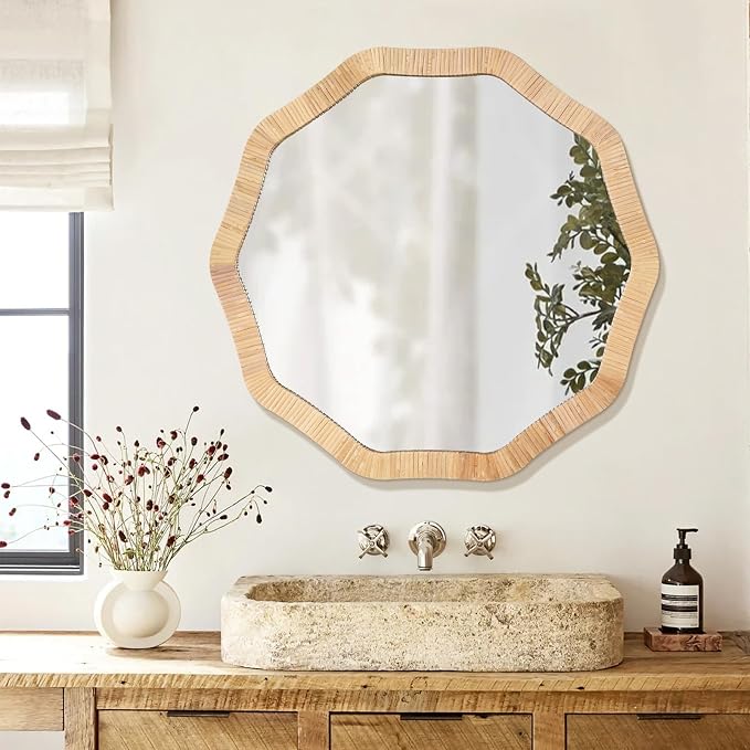 ULIKE Rattan Wicker Mirror for Bathroom, 24 Inch Boho Woven Decorative for Wall, Rustic Farmhouse Vanity Mirror, Geometric Rattan Mirrors for Living Room Entryway Bathroom Bedroom