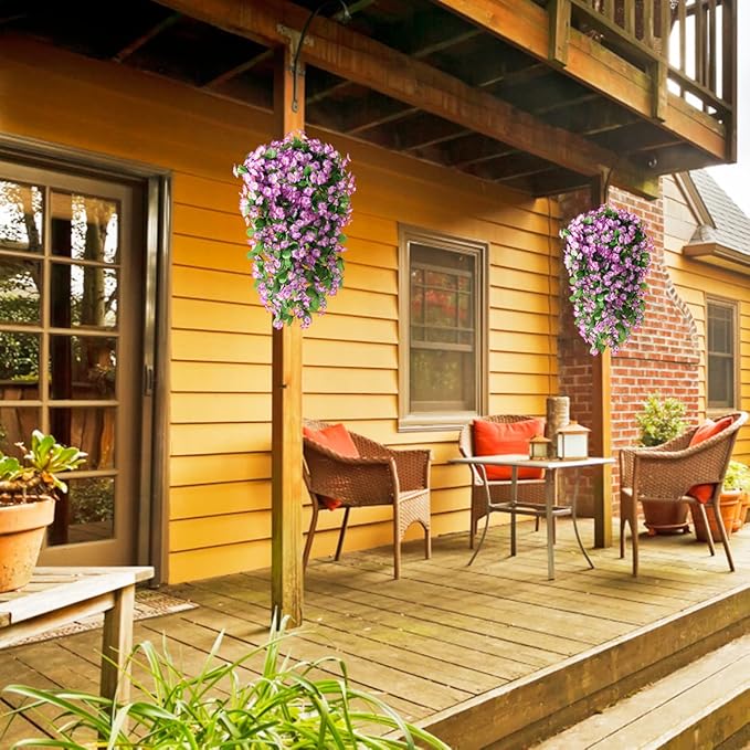 Artificial Fake Hanging Flowers Plants for Outdoor Spring Decoration, 2PCS Faux Silk Violet UV Resistant Look Real Trailing Vines for Outside Home Planter Porch Patio(Violet)