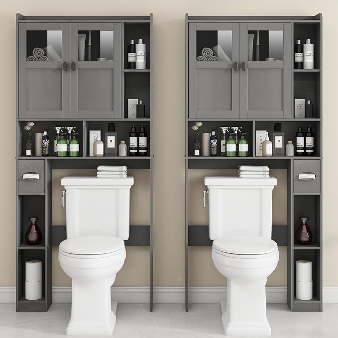 Vabches Over The Toilet Storage Cabinet, Bathroom Shelf Over Toilet with Glass Doors and Adjustable Shelves, Natural Grey Freestanding Home Space Save Toilet Rack, for Restroom, Bathroom, Laundry