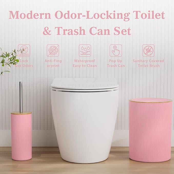 10PC Bathroom Accessories Set - Pink and Wooden Bathroom Sets, Bathroom Accessory Set with Pop Up Trash Can, Toilet Brush, Trash Can, Qtip Holder & Soap Dispenser
