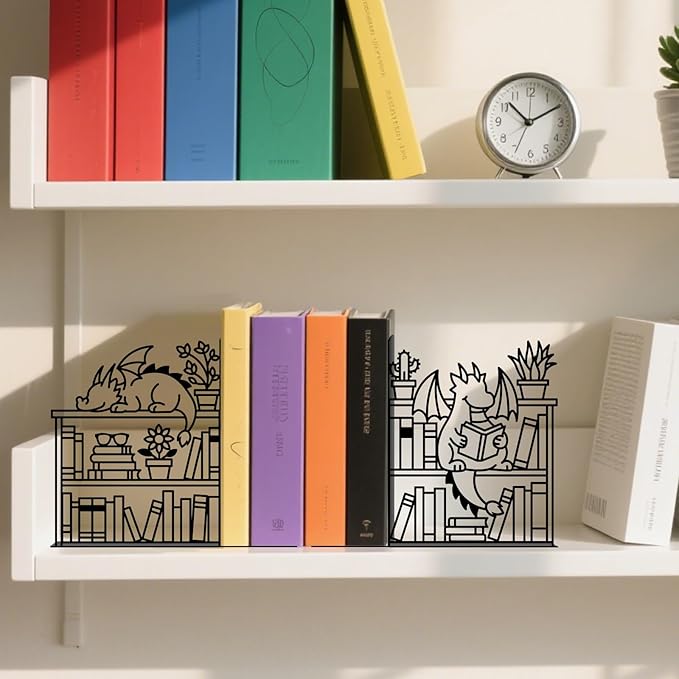 Metal Decorative Bookend Unique Dragon Bookends Decorative Cute Book Ends for Shelves Bookshelf Home Office Desk Bookshelf Decor Gift for Reading Enthusiasts