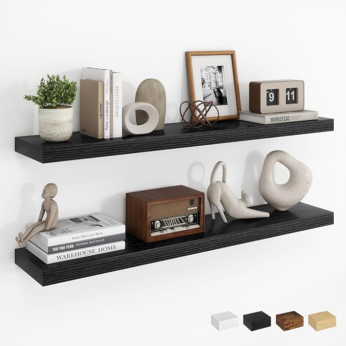 Dreamland 36Inch Floating Shelves for Wall, Rustic Wooden Black Floating Shelves for Bathroom|Bedroom|Kitchen, Deep Wall Mounted Book Shelf, Wood Storage Display Shelf for Home Decor, Set of 2