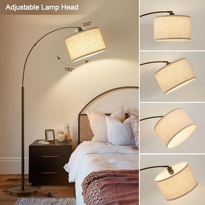 Luvkczc 71" Arc Floor Lamp for Living Room with Adjustable Lamp Head, Black Pole Lamp with White Shade, Standing Lamp with Foot Switch, Over Couch Arched Reading Light for Bedroom, Office, Study Room