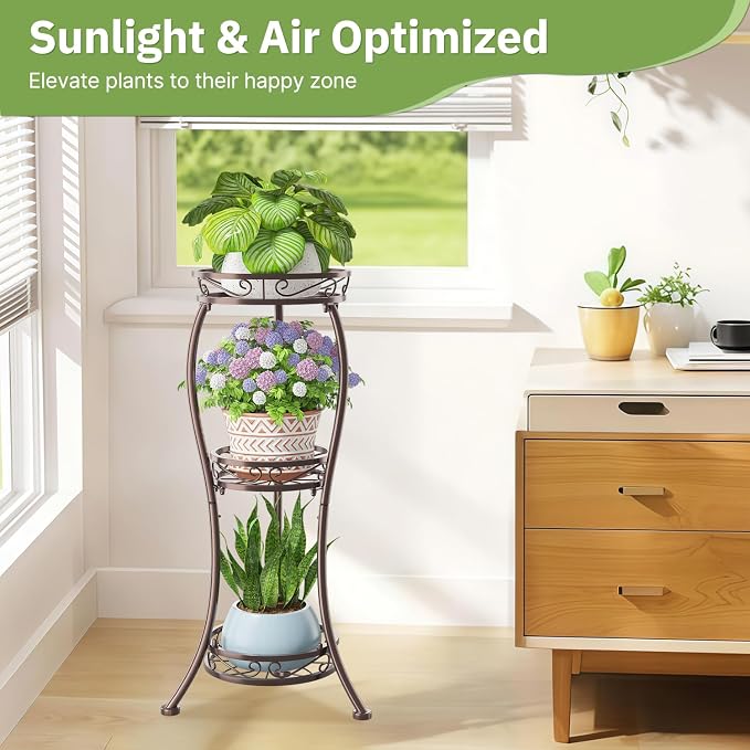 KMOTASUO 3 Tier Tall Plant Stand Indoor Outdoor for Large Planter, Multiple Level Flower Holder Organizer Rack for Patio Office Bathroom Corner, Sturdy Heavy Duty Metal, Vertical Display, Bronze