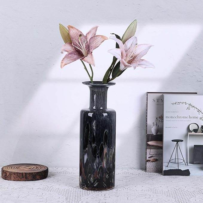 Hand Blown Glass Vase Smoke Gray – Murano Style Art Glass Vase with Wide Mouth for Flowers, Unique Bubble Vase, Modern Coastal Glass Decor for Dining Room, Coffee Table, Living Room Display(Gray)