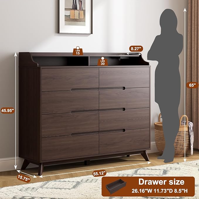 Dresser for Bedroom with 8 Drawers, 55" Large Dresser & Chest of Drawers with Charging Station, Wood Closet Clothes Storage Tall Dressers Organizer for Bedroom Living Room Hallway, Brown