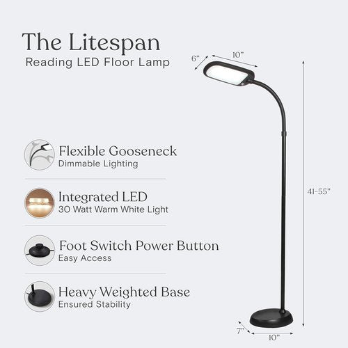Brightech Litespan Slim LED Floor Reading Lamp - Tall & Dimmable with Adjustable Gooseneck - Black
